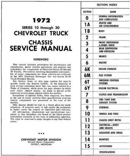 1972 Chevrolet 10-30 Series Truck Service Manual Table of Contents
