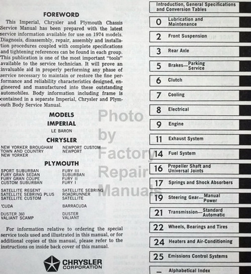 1974 Chrysler Plymouth Chassis Service Manual Table of Contents