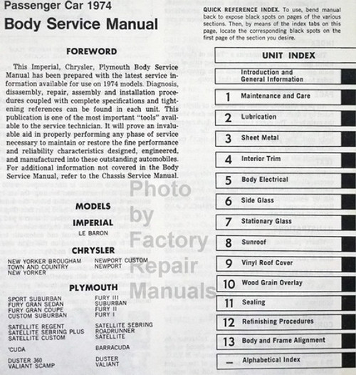 1974 Chrysler Plymouth Body Service Manual Table of Contents