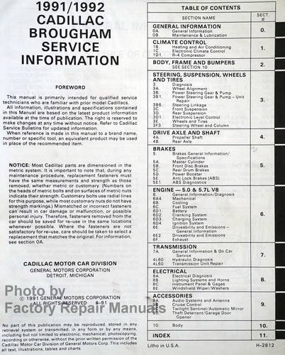  1991 1992 Cadillac Brougham Service Information Manual Table of Contents