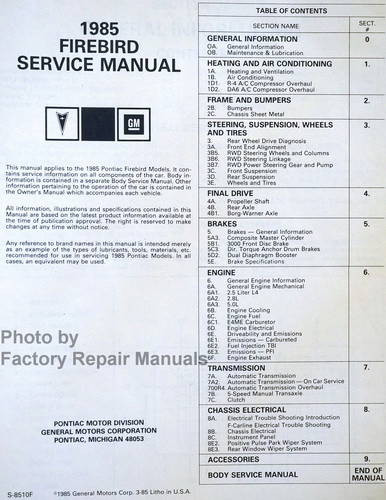 1985 Pontiac Firebird Service Manual Table of Contents