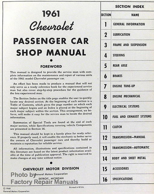 1961 Chevy Passenger Car Shop Manual Table of Contents