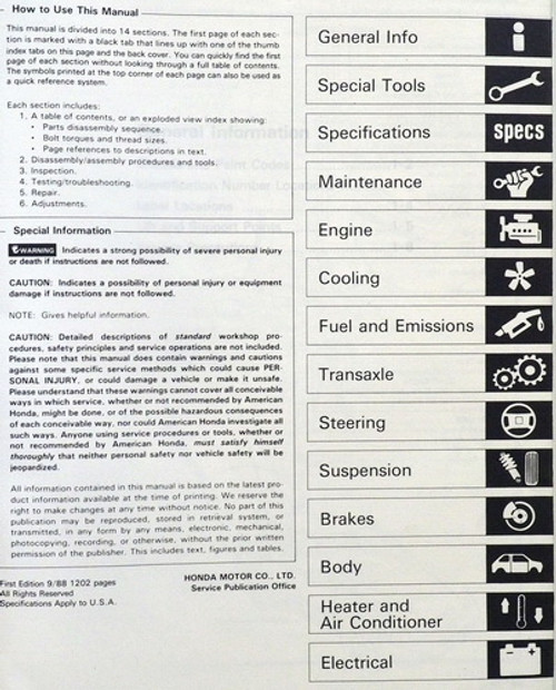 1989 Honda Civic Wagon Service Manual Table of Contents
