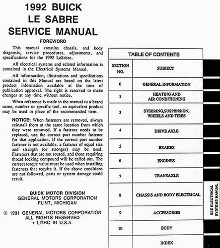 1992 Buick LeSabre Service Manual Table of Contents