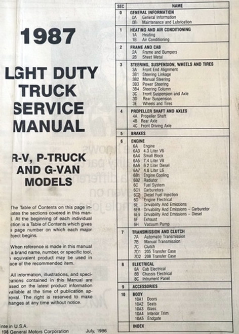 1987 GMC Light Duty Truck R, V, G, P Models Service Manual Table of Contents
