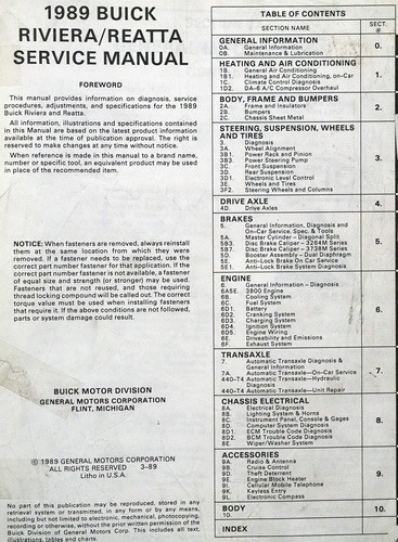 1989 Buick Riviera and Reatta Service Manual
