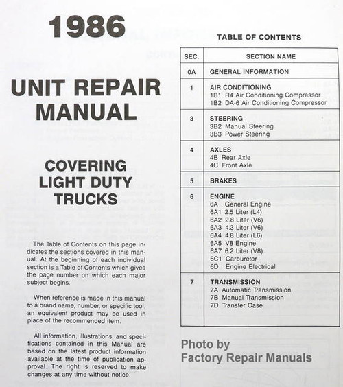1986 Chevrolet Light Duty Truck Unit Repair Manual Table of Contents