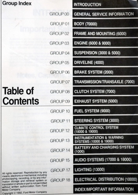 1993 Taurus Sable Service Manual Table of Contents