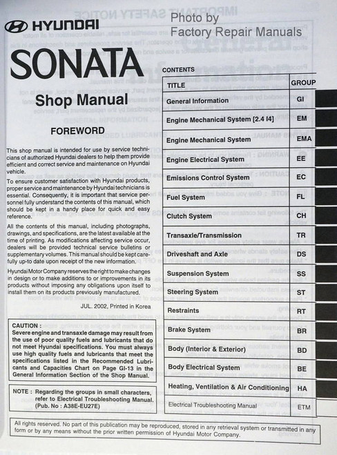 2003 Hyundai Sonata Shop Manual Table of Contents