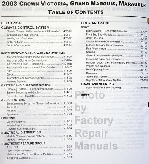 2003 Ford Crown Victoria, Grand Marquis Marauder Workshop Manual Table of Contents 2