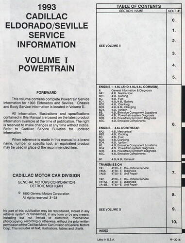 1993 Cadillac Eldorado Seville Service Manual Table of Contents