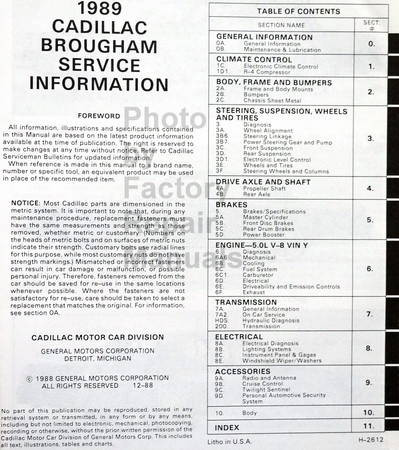 1989 Cadillac Brougham Service Manual Table of Contents