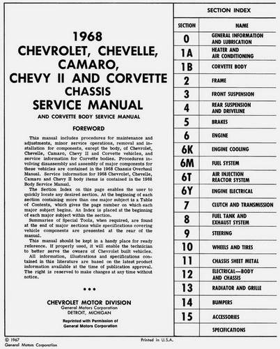 1968 Chevrolet Bel Air Camaro Corvette Chevelle El Camino Impala Chassis Service Manual