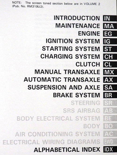 1993 Lexus ES300 Repair Manual Volume 1 Table of Contents