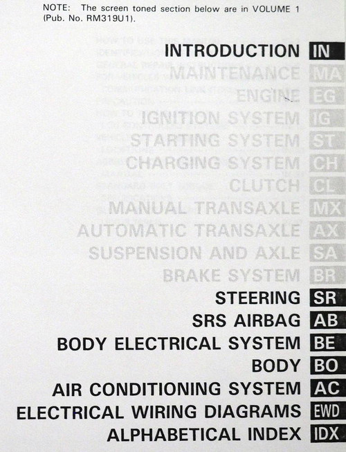 1993 Lexus ES300 Repair Manual Volume 2 Table of Contents