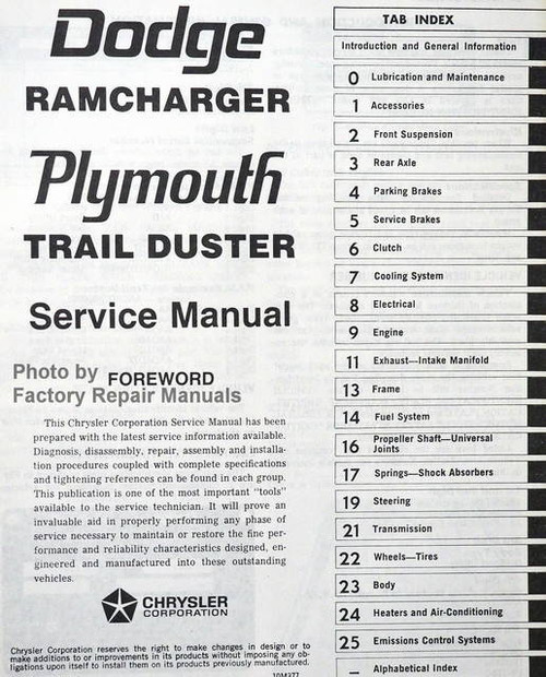 1977 Dodge RamCharger Plymouth Trail Duster Service Manual Table of Contents