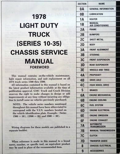 1978 GMC Truck Service Manual Light Duty Trucks Series 1500 thru 3500 Table of Contents