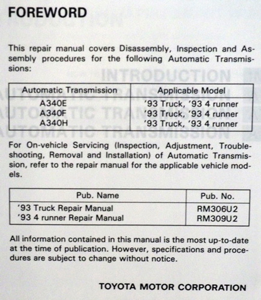 Toyota A340E, A340F, A340H Repair Manual Automatic Transmission Vehicle Application