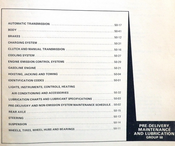 1978 Ford Lincoln Mercury Car Shop Manual Volume Table of Contents