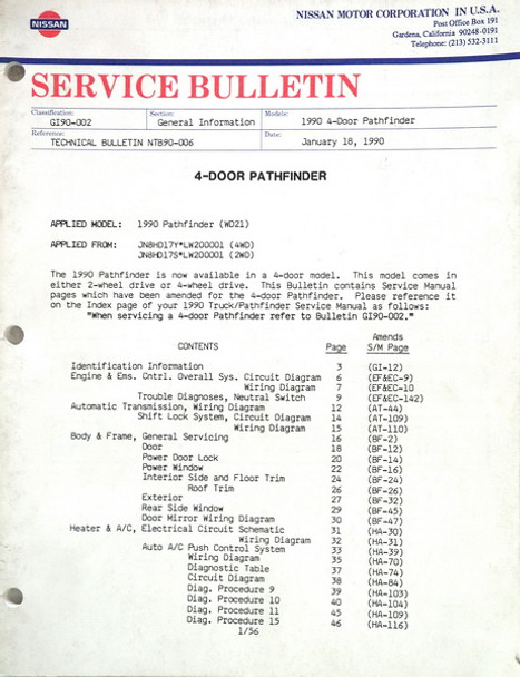 1990 Nissan 4 Door Pathfinder Service Manual Bulletin