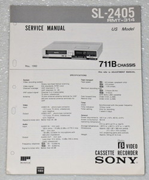 SONY SL-2405 BETAMAX VCR Shop Service Repair Manual, Parts List & RMT-314 Remote