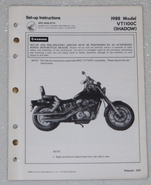 1988 HONDA VT1100C SHADOW 1100 Motorcycle Original Setup Instruction Manual VT C