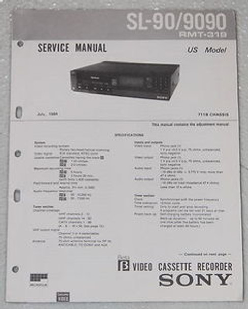 Sony SL-90 SL-9090 BetaMax VCR Factory Service Manual, Parts List & RMT-319 Remote Control