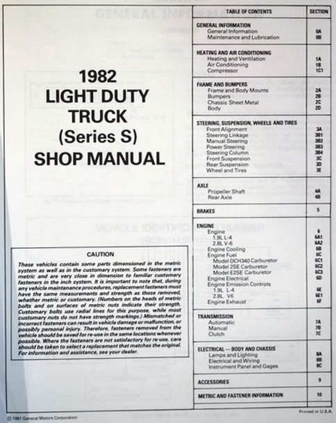 1982 Chevrolet Light Duty Truck S Series Shop Manual Table of Contents