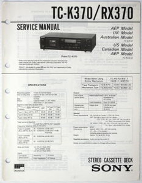 Sony TC-K370 TC-RX370 Stereo Cassette Deck Service Manual Parts OEM Shop Repair