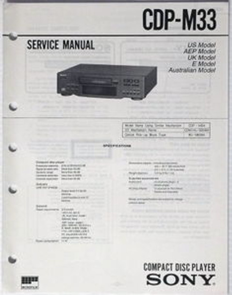 SONY CDP-M33 Compact Disc CD Player Service Manual & Parts List Original Repair