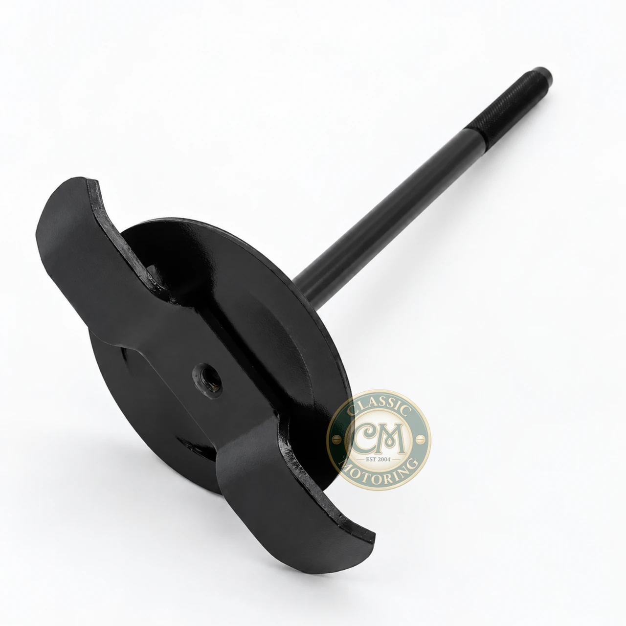 MGB Rostyle spare wheel retaining clamp (AHC866). Black metal clamp assembly with circular retaining plate, curved securing brackets and long threaded shaft. Suitable for MGB models fitted with Rostyle wheels.