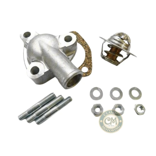 Thermostat and housing kit with alloy housing, 82°C thermostat, gasket, studs, nuts and washers for Morris Minor, Austin-Healey Sprite and MG Midget OHV A-Series engines.