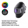 3M Speedglas Variable Color Infographic for G5-01VC Powered Air Kit, model 611130, illustrating the benefits and technology of variable color settings in welding respiratory PPE equipment for improved visibility and comfort.