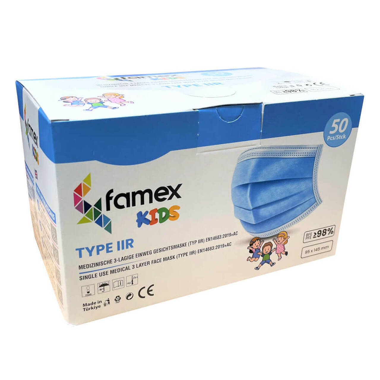 Famex Childrens Blue Type IIR Disposable Face Mask with Ear Loops - Box of 50