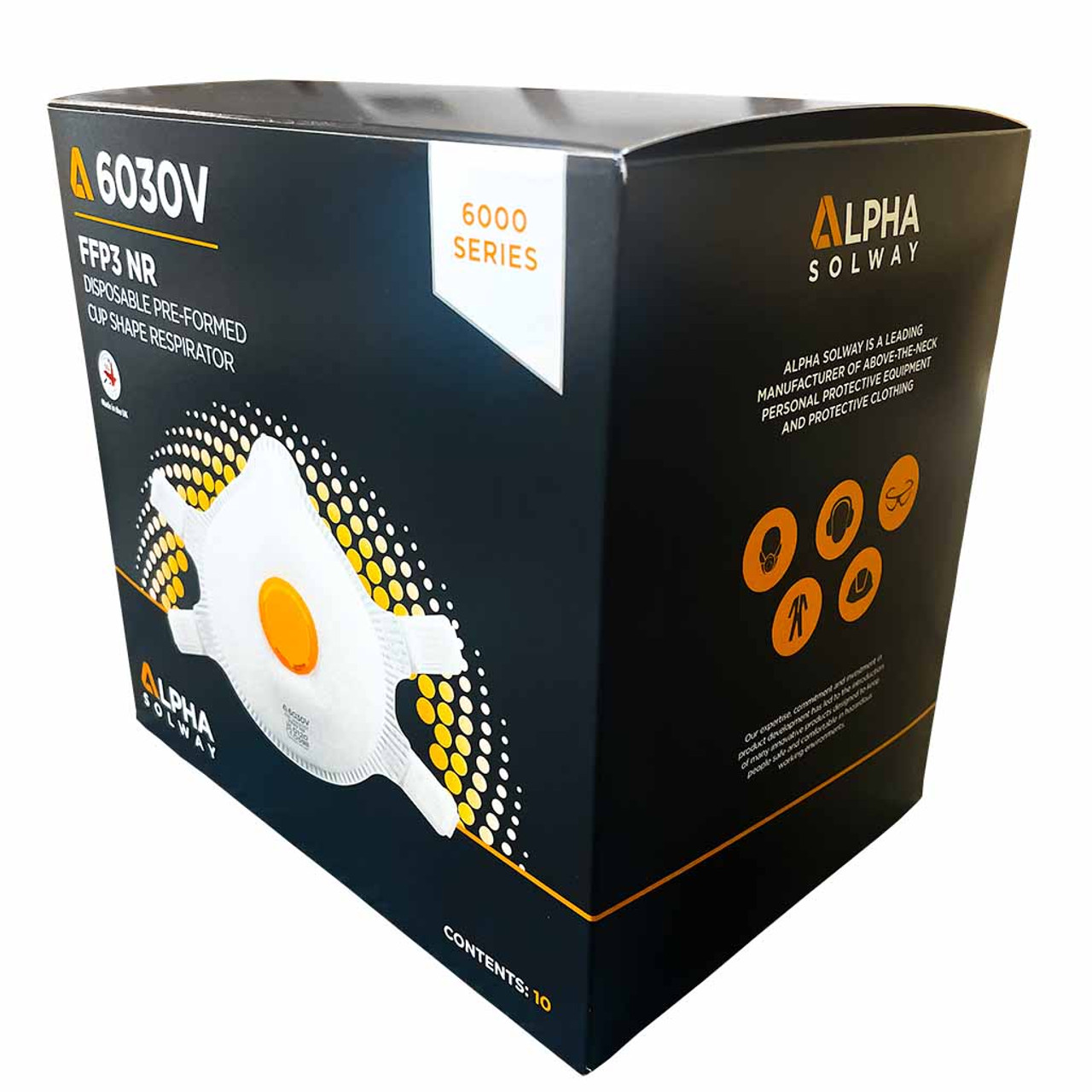 Box of 10 Alpha Solway 6030V FFP3 Face Mask with a valve and adjustable headband strap