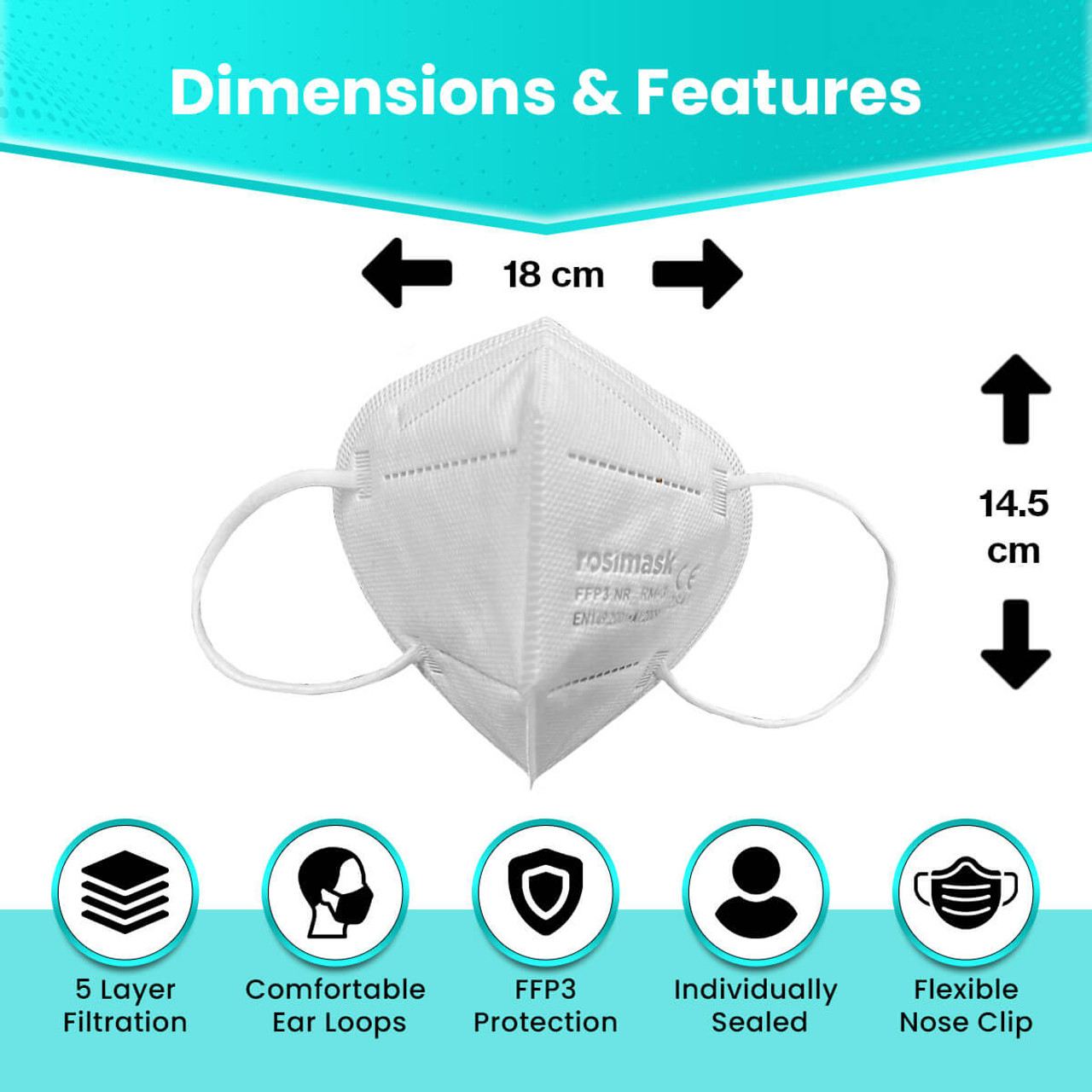 Dimensions of The Adventure Mask  - Childrens FFP3 Face Mask with Ear Loops