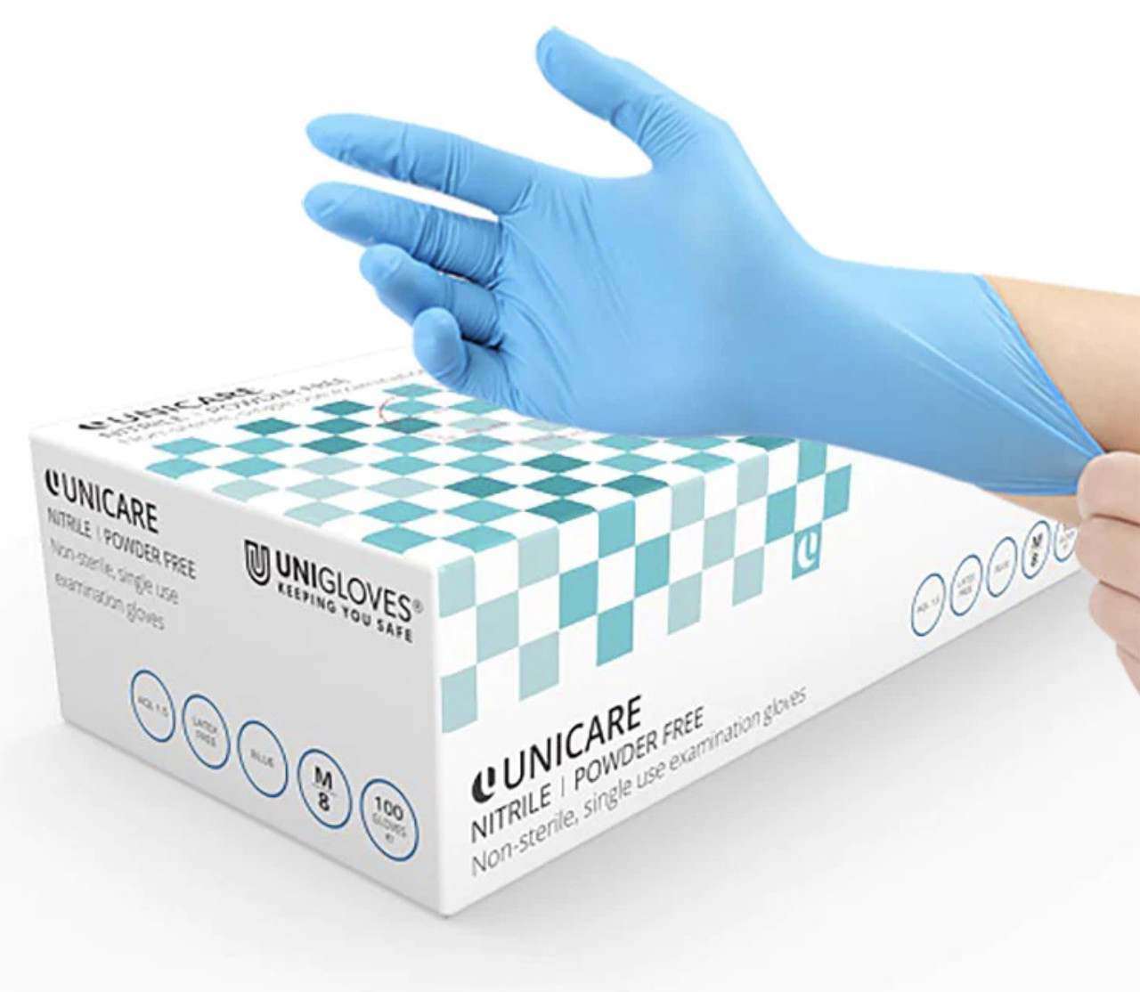 Unicare Blue Nitrile Powder Free Medical Examination Gloves in Box of 100