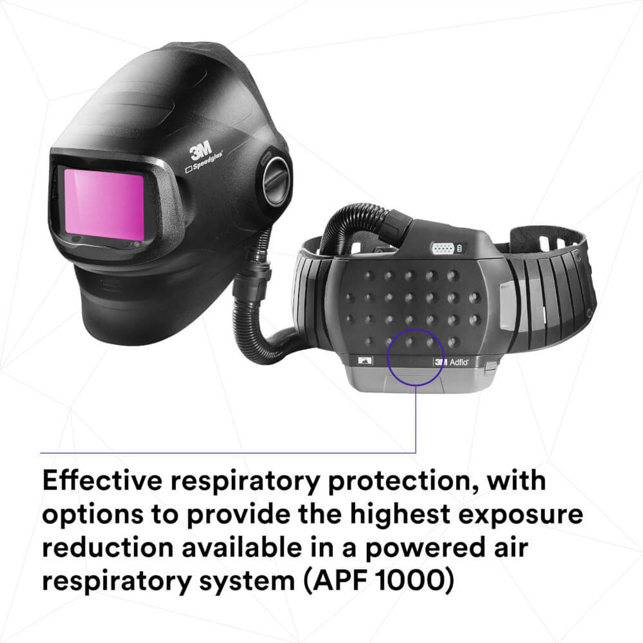 3M Speedglas G5-01VC with Adflo features, powered air kit model 617839, detailing the advanced filtration system in welding respiratory PPE equipment for enhanced breathability and protection.