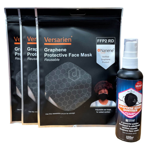 Versarien FFP2 Graphene Protective Reusable Face Mask Pack - featuring Nanane™ and Polygrene™ (3 Masks plus 100ml Sanitiser Spray)