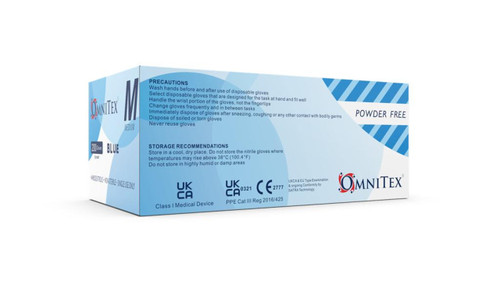 Omnitex Premium Blue Nitrile Gloves Powder Free - Size of Box View Omnitex Premium Blue Nitrile Gloves Powder Free - Size of Box View