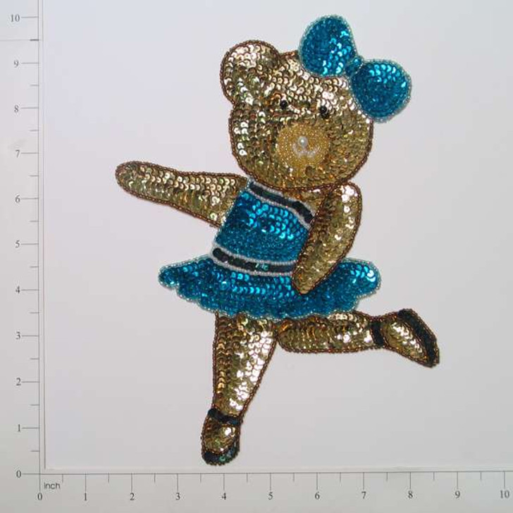Ballerina Bear Sequin Applique/Patch - Blue, Brown - Large