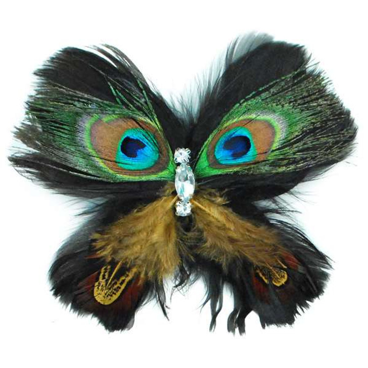 Peacock Feather Butterfly Brooch Pin Hair Clip Accessory with Crystal Gems
