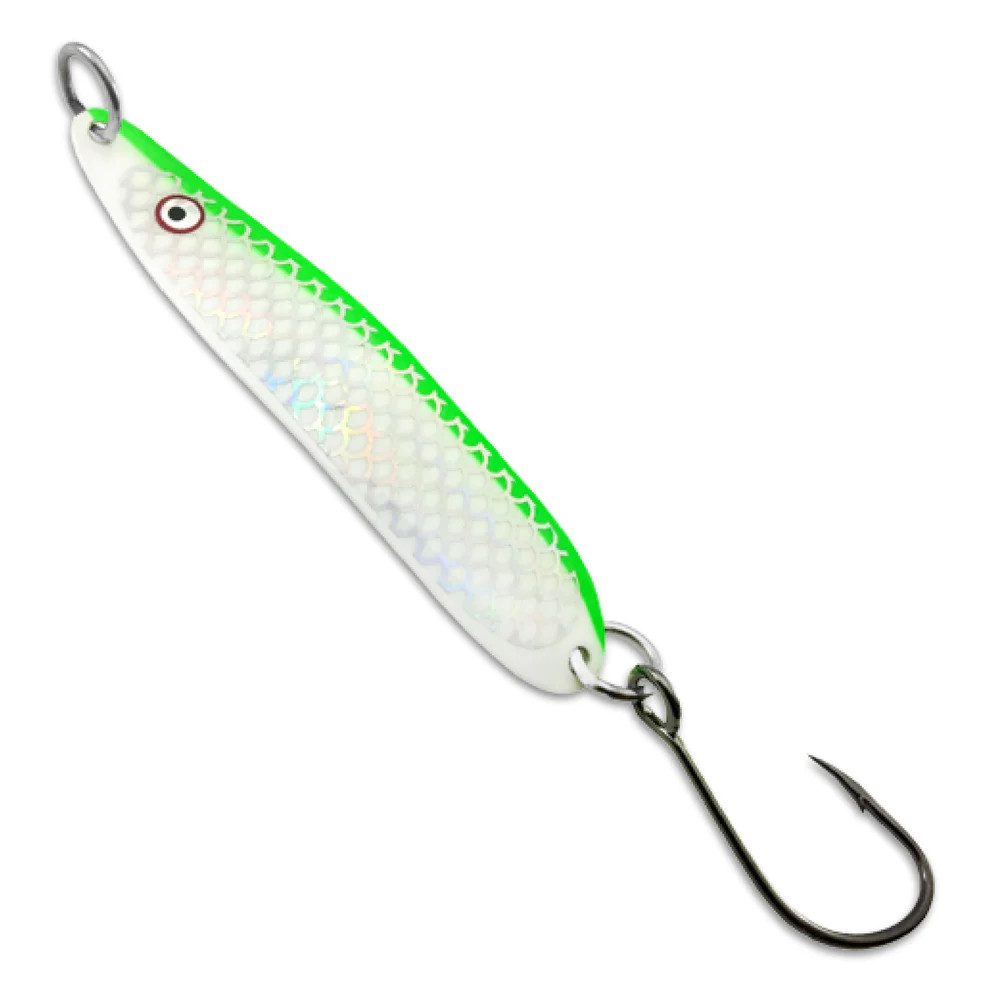 Introducing the Original Skinny G, the ultimate trolling spoon designed for anglers. With lifelike features and 33 vibrant colour options, it's perfect for enticing predatory fish. The Skinny G's 1/4oz weight allows for versatile trolling speeds while maintaining its enticing action. Elevate your angling game with the Gibbs Skinny G – the key to success on the water. Rigged with a size 3/0 Mustad Ultra Point Hook.

Spoon Size = 3.5"
Weight = 1/4 oz.
