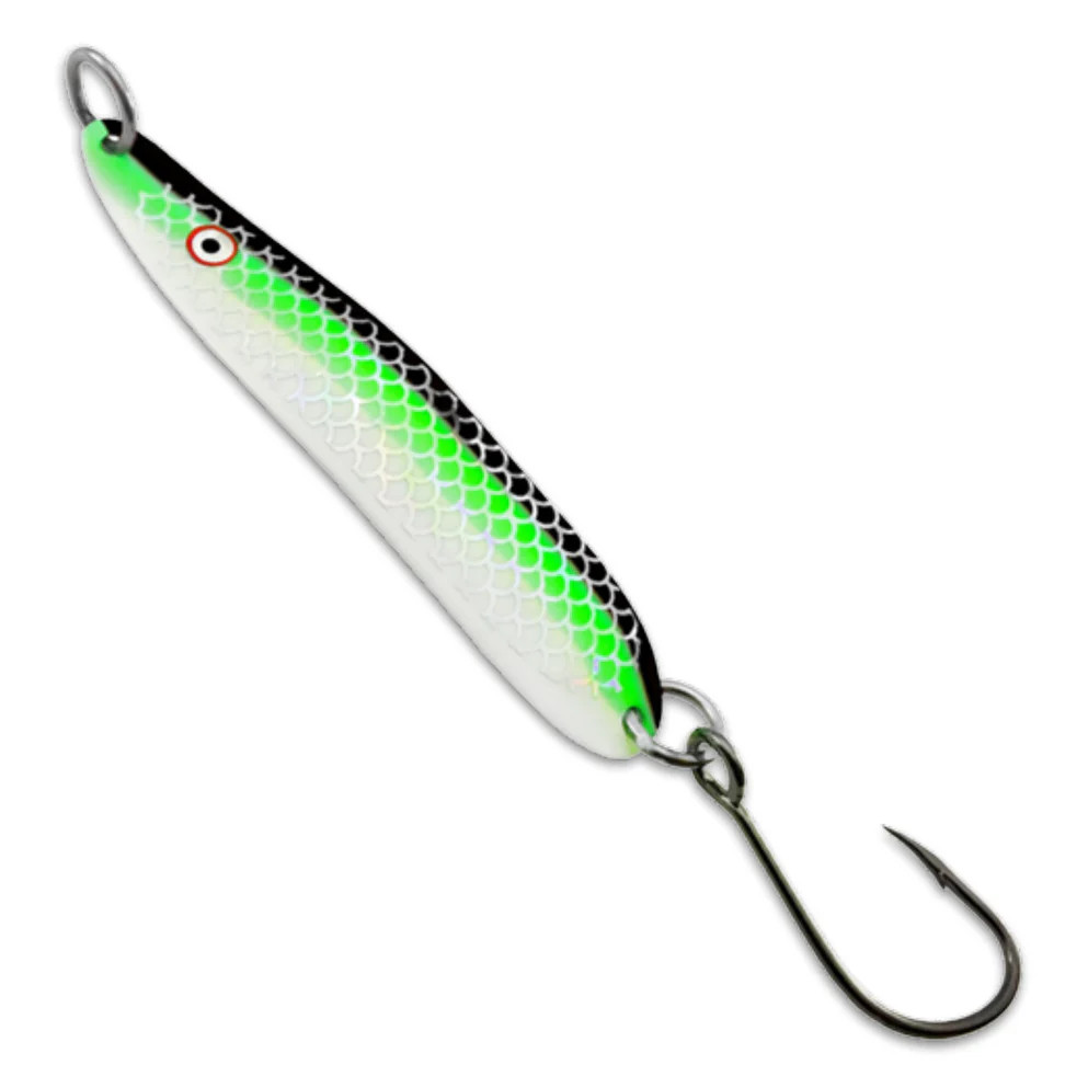 Introducing the Original Skinny G, the ultimate trolling spoon designed for anglers. With lifelike features and 33 vibrant colour options, it's perfect for enticing predatory fish. The Skinny G's 1/4oz weight allows for versatile trolling speeds while maintaining its enticing action. Elevate your angling game with the Gibbs Skinny G – the key to success on the water. Rigged with a size 3/0 Mustad Ultra Point Hook.

Spoon Size = 3.5"
Weight = 1/4 oz.
