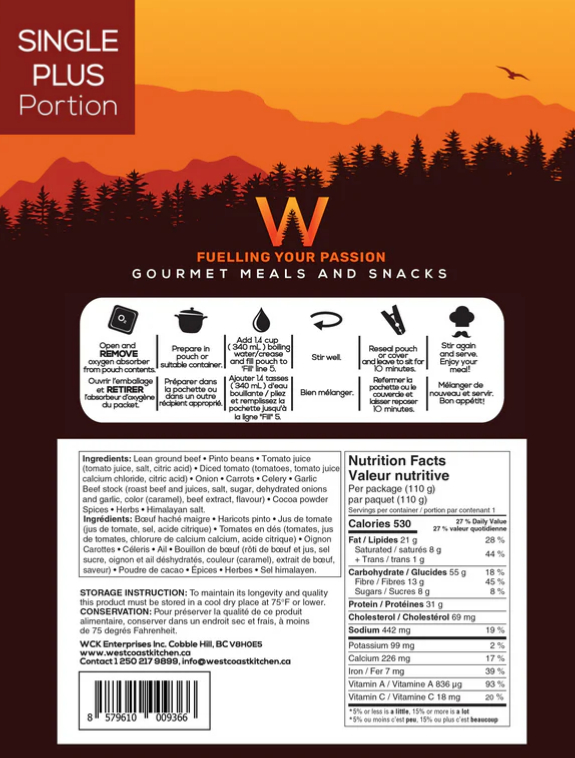 West Coast Kitchen Single Plus Portion Chili Con Carne