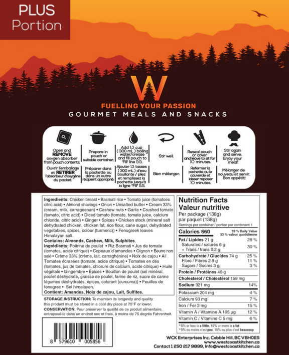 West Coast Kitchen Single Plus Portion Butter Chicken with Rice