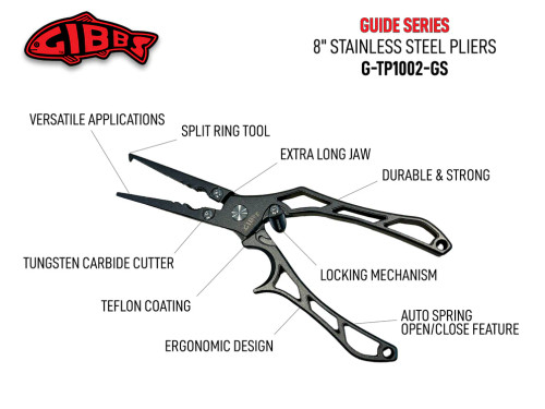 Gibbs Guide Series 8" Stainless Steel Pliers, Long Jaw, Tungsten Cutter