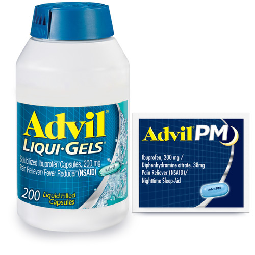 Advil Liqui-Gels Pain Reliever and Fever Reducer, Ibuprofen 200mg for Pain Relief - 200 Liquid Filled Capsules, Advil PM Ibuprofen - 2 Caplets