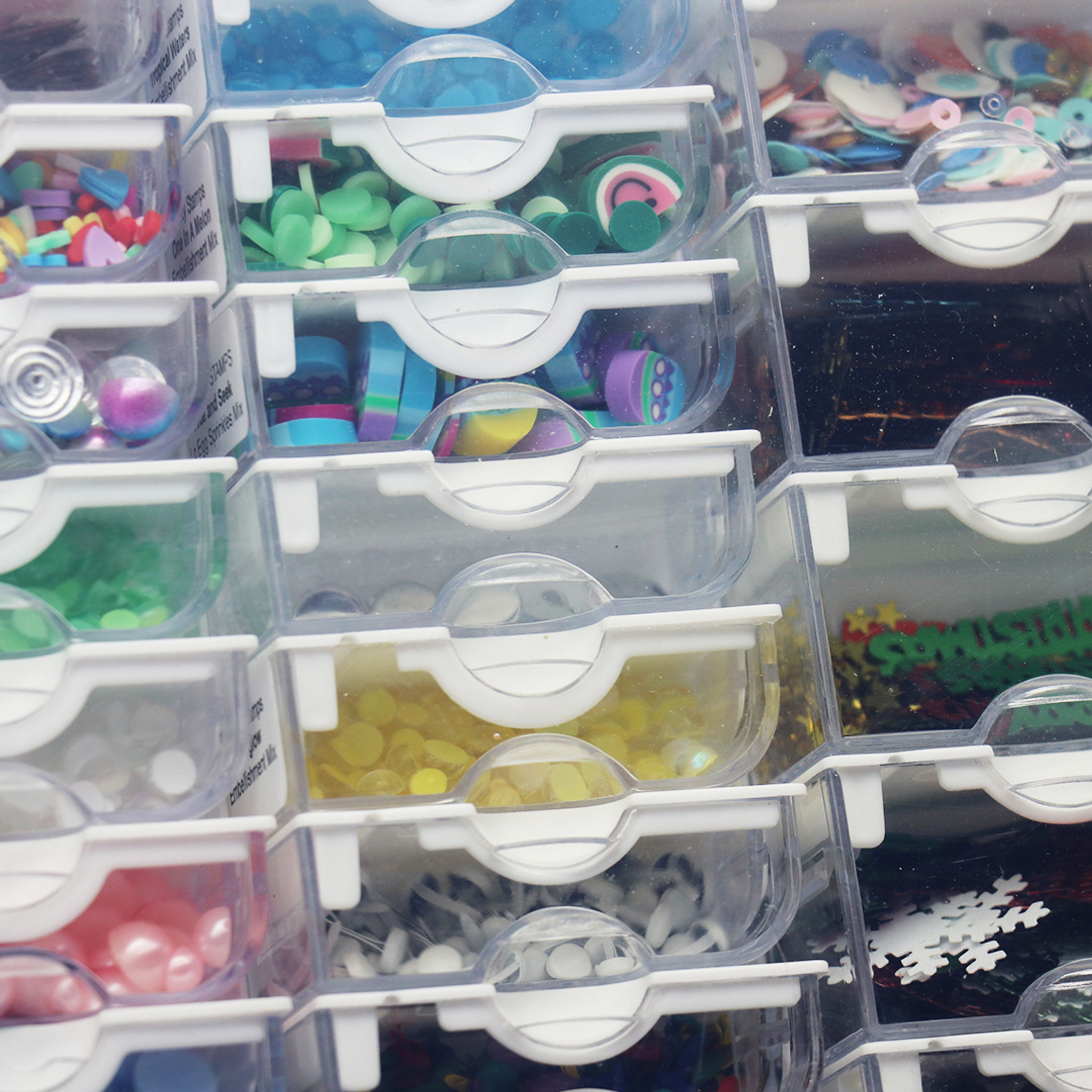 Organizer, Tiny Containers Tray™, Bead Storage Solutions™, plastic, clear  and opaque off-white, 13-3/4 x 10-1/2 x 2 inches with (78) 2 x 1-1/8 x 3/4  inch containers. Sold per 82-piece set. - Fire Mountain Gems and Beads