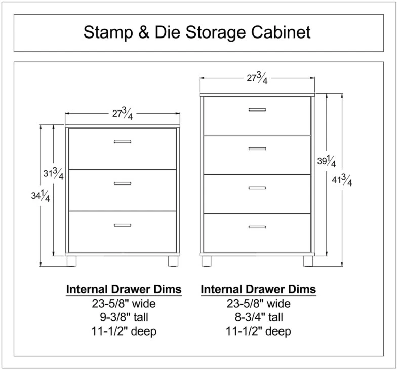 Dimensioned drawing of the Stamp & Die Storage Cabinet in Counter and Bar heights, with and without legs